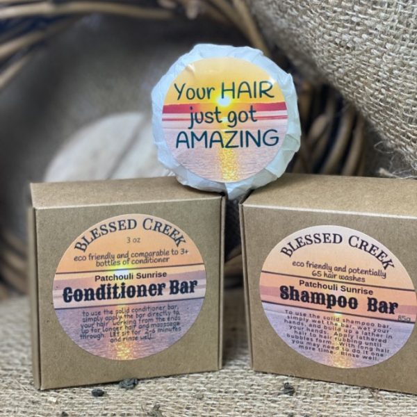 shampoo and conditioner bar set in patchouli sunrise